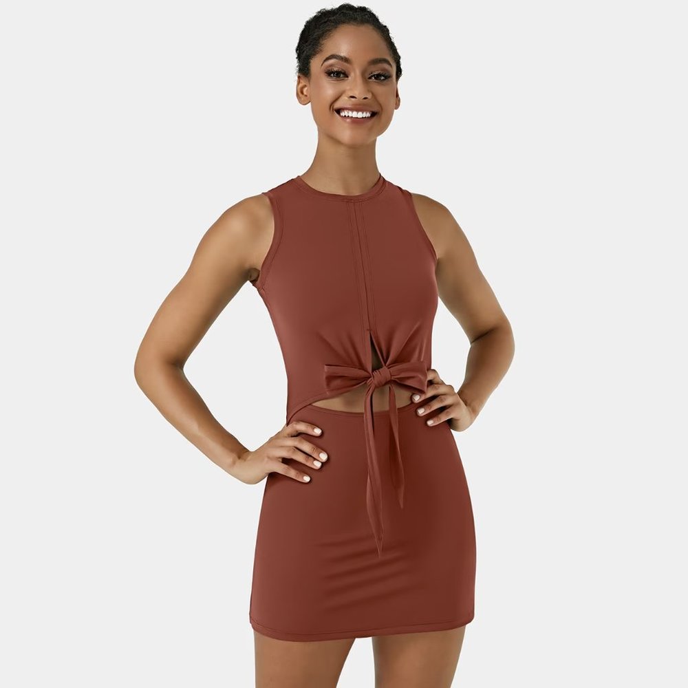 Halara Everyday 2-Piece Activity Dress with Tie Front in Henna Size S